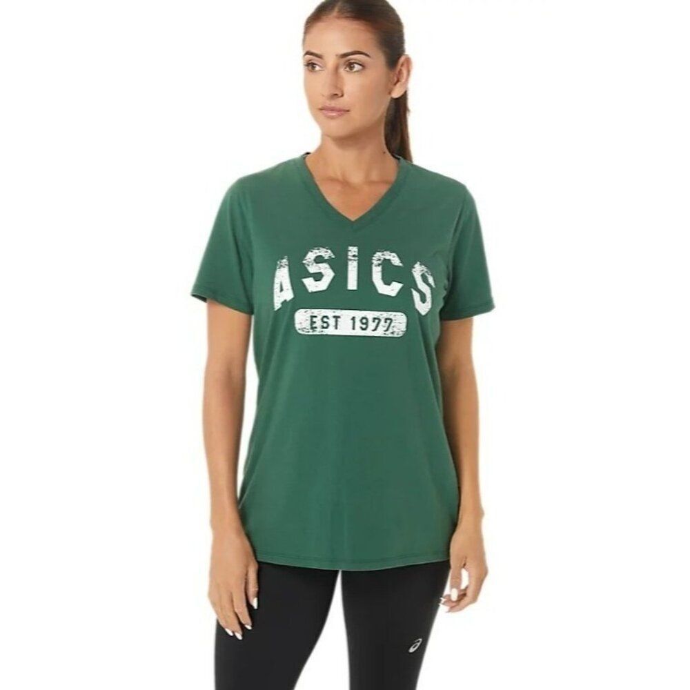 ASICS Women's Short Sleeve Est 1977 V-Neck T-shirt, Hunter Green Heather, Sz. XS